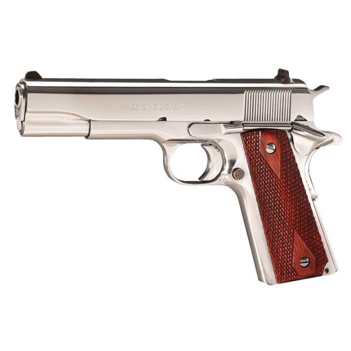 Colt Mfg O2071ELC2 Custom Government 38 Super 9+1 5" Stainless National Match Barrel, High Polished Stainless Steel Serrated Slide & Frame w/Beavertail, Rosewood Grip, Ambidextrous