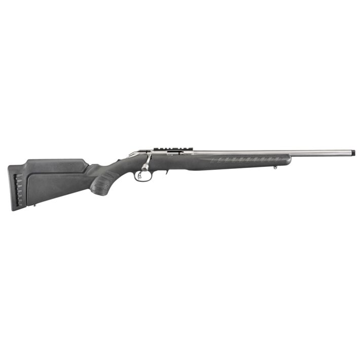 Ruger 8352 American RimfireFull Size 22 WMR 9+1 18" Matte Stainless Threaded Barrel, Satin Stainless Scope Rail Receiver, Black Synthetic Adjustable Stock, Right Hand
