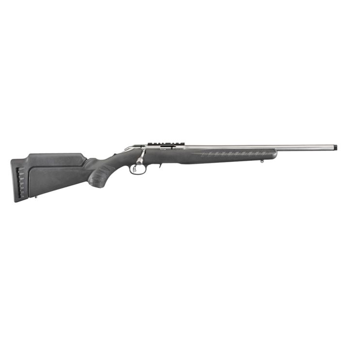 Ruger 8353 American RimfireFull Size 17 HMR 9+1 18" Satin Stainless Threaded Barrel, Satin Stainless Scope Rail Receiver,Black Synthetic Adjustable Stock, Right Hand