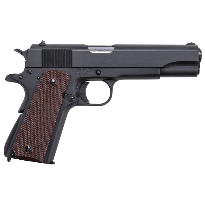 Auto-Ordnance 1911BKO9 1911 A1 GI Spec 9mm Luger 9+1, 5" Stainless Steel Barrel, Matte Black Serrated Carbon Steel Slide & Frame w/Beavertail, Brown Checkered Polymer Grip