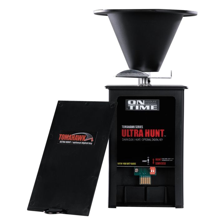 On Time 43005 Tomahawk Ultra Hunt Feeder Black Waterproof High-Impact Composite, Heavy Duty Motor, Dawn-Dusk Mode Operation, 4 Feed Times with 1-20 Second Duration, Universal Mount