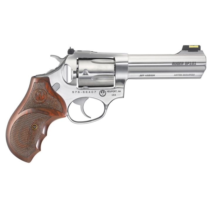 Ruger 5782 SP101 Match Champion 357 Mag4.20" Barrel 5rd Triple-Locking Cylinder, Gloss Stainless Steel, Altamont Stippled/Checkered Hardwood Grip, Transfer Bar Safety