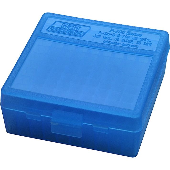 MTM Case-Gard P100324 Ammo Box Flip-Top Multi Caliber Handgun Clear Blue Polypropylene 100rd