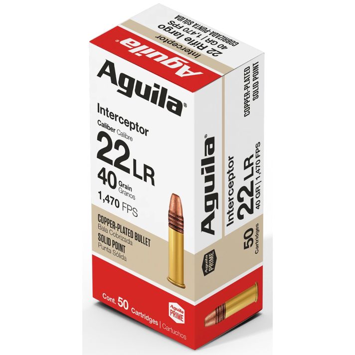 Aguila 1B220320 Interceptor Rimfire 22LR 40gr Copper Plated Solid Point 50 Per Box/20 Case