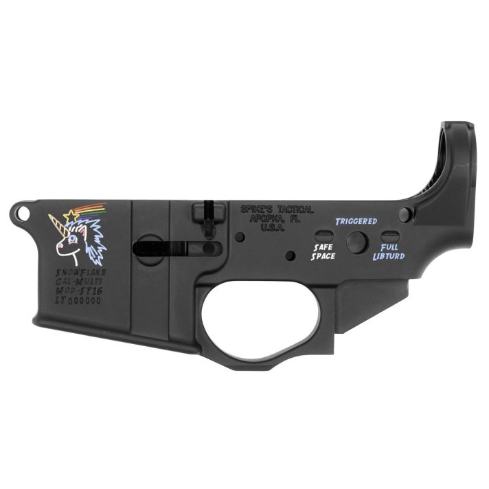 Spikes STLS030CFA Snowflake Stripped Lower Receiver Multi-Caliber 7075-T6 Aluminum Black Anodized with Color Fill for AR-15