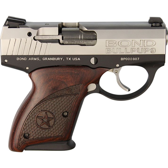 Bond Arms BABP BullPup9Micro-Compact Frame 9mm Luger 7+1, 3.35" Stainless Steel Barrel, Stainless Serrated Steel Slide, Black Aluminum Frame, Engraved Rosewood Grips