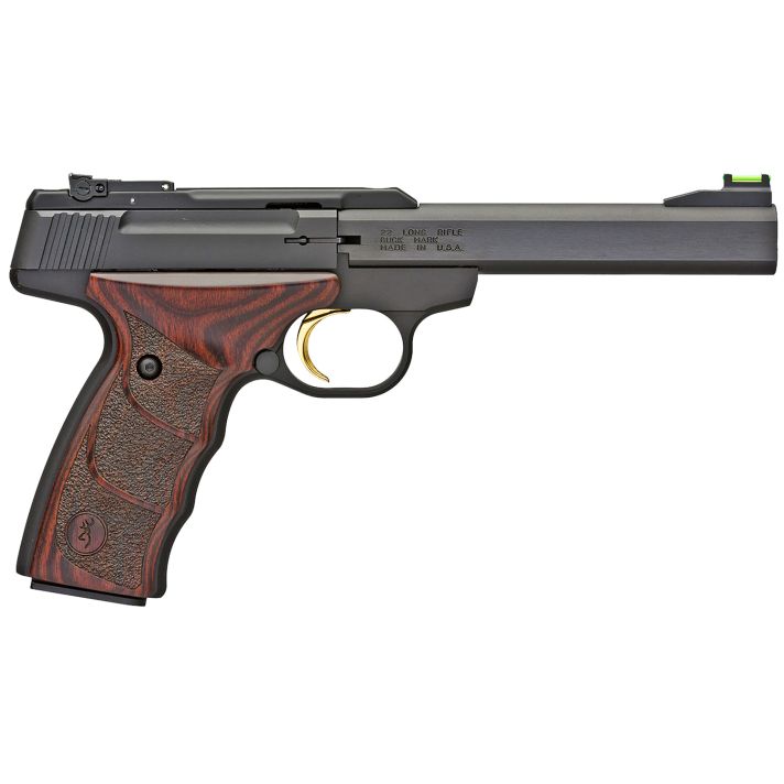 Browning 051429490 Buck Mark Plus *CA Compliant 22 LR 10+1 5.50" Slab Side Barrel, Matte Black Serrated Steel Slide& Aluminum Frame, Brown Finger Grooved Laminate Grips