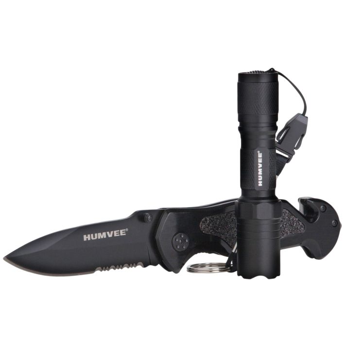 Humvee Adventure Gear HMVKCER1 Rescue Combo 3.25" Folding Spear Point Part Serrated Stainless Steel Blade Black Aluminum Handle Features Glass Breaker/Pocket Clip/Seatbelt Cutter