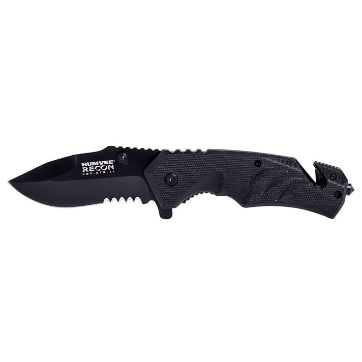 Humvee Adventure Gear HMVKTR15 Tactical Recon3" Folding Drop Point Part Serrated Black Stainless Steel Blade/Black Textured Features Glass Breaker/Seat Belt Cutter Includes Pocket Clip