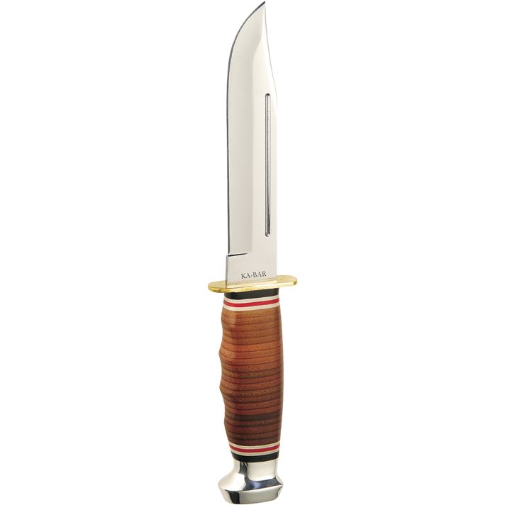 Ka-Bar 1235 Marine Hunter5.88" Fixed Clip Point Plain Polished 4116 SS Blade, Stacked w/Finger Grooves Leather Handle, Includes Sheath