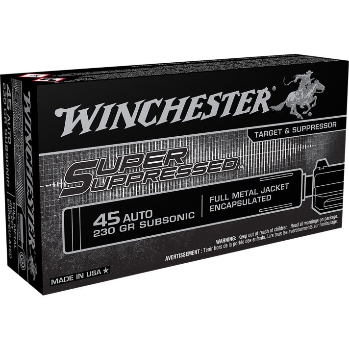 Winchester Ammo SUP45 Super Suppressed45ACP Subsonic 230gr Encapsulated Full Metal Jacket 50 Per Box/10 Case