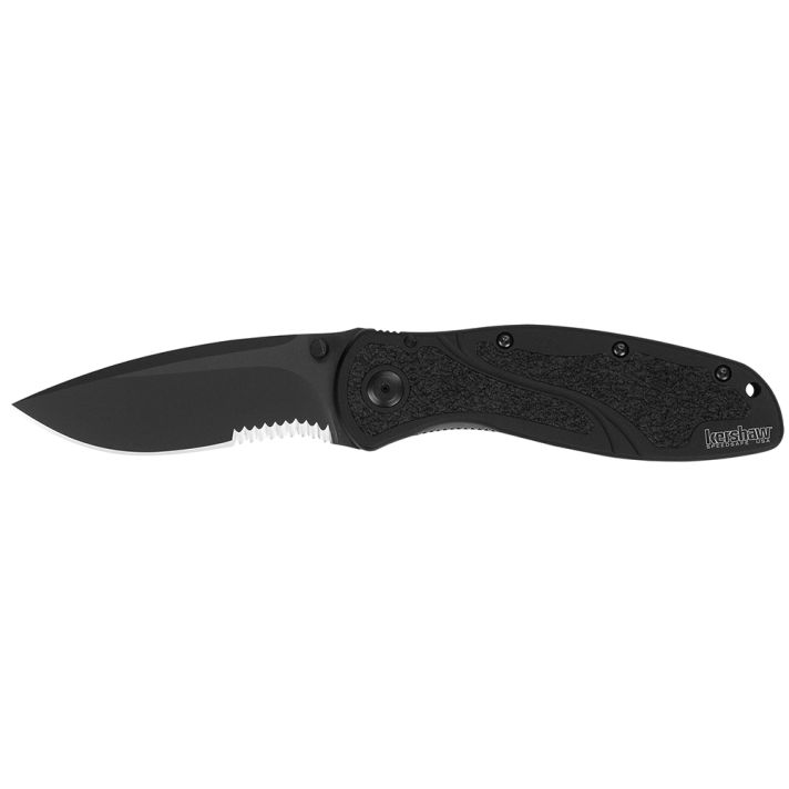 Kershaw 1670BLKST Blur3.40" Folding Drop Point w/Recurve Part Serrated Black DLC 14C28N Steel Blade Black Anodized Aluminum Handle Includes Pocket Clip