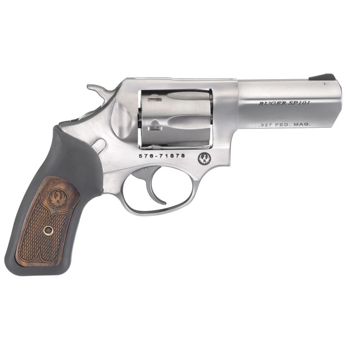 Ruger 5784 SP101327 Federal Mag3" Barrel 6rd Triple-Locking Cylinder, Satin Stainless Steel, Cushioned Rubber With Engraved Wood Insert Grip, Transfer Bar Safety