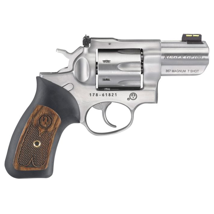 Ruger 1774 GP100Small Frame 357 Mag 7 Shot, 2.50" Satin Stainless Steel Barrel, Satin Stainless Cylinder, Satin Stainless Steel Frame, Black Rubber w/Wood Insert Grip, Exposed Hammer