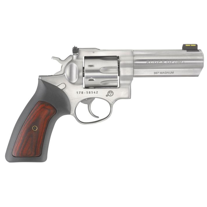 Ruger 1771 GP100357 Mag 7 Shot, 4.20" Satin Stainless Steel Barrel, Satin Stainless Cylinder, Satin Stainless Steel Frame, Black Rubber w/Wood Insert Grip, Exposed Hammer