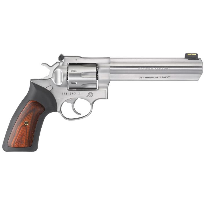 Ruger 1773 GP100357 Mag 7 Shot, 6" Satin Stainless Steel Barrel, Satin Stainless Cylinder, Satin Stainless Steel Frame, Black Rubber w/Wood Insert Grip, Exposed Hammer