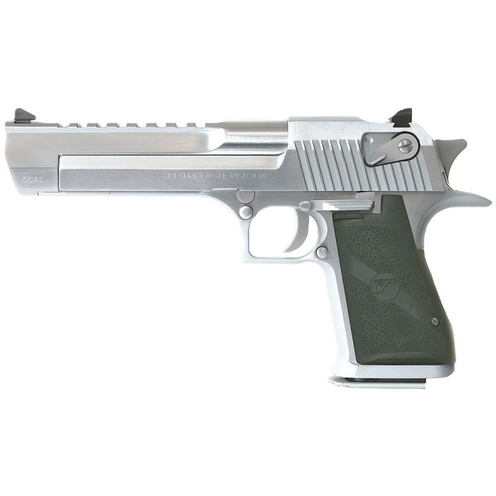 Magnum Research DE50BC Desert Eagle Mark XIX 50 AE Caliber with 6" Picatinny Rail Barrel, 7+1 Capacity, Overall Brushed Chrome Finish Carbon Steel, Beavertail Frame, Serrated Slide & Black Rubber Grip
