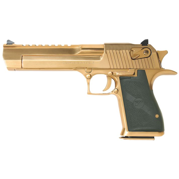Magnum Research DE50TG Desert Eagle Mark XIX 50 AE Caliber with 6" Picatinny Rail Barrel, 7+1 Capacity, Overall Titanium Gold Finish Carbon Steel, Beavertail Frame, Serrated Slide & Black Rubber Grip