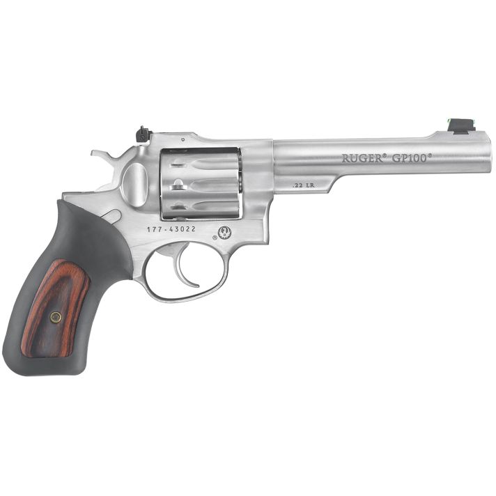 Ruger 1757 GP100Medium Frame 22 LR 10rd 5.50" Satin Stainless Barrel, Frame & Cylinder, Black Rubber w/Wood Insert Grip, Transfer Bar Safety, Exposed Hammer