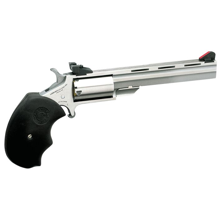 North American Arms MMTM Mini-Master *CA Compliant 22 WMR 5 Shot 4" Vent Rib Barrel, Overall Stainless Steel Finish, Finger Grooved Black Rubber Grip, Adjustable Sights