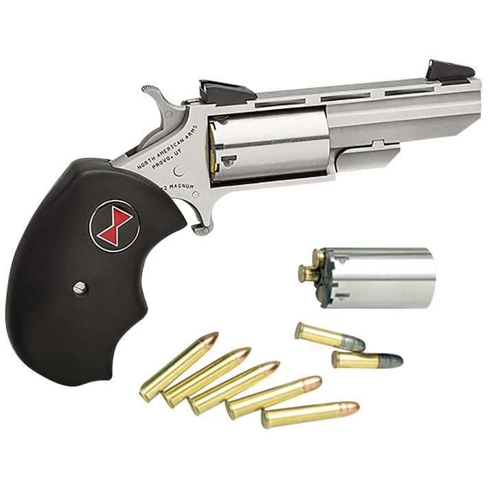 North American Arms BWC Black Widow22 LR or 22 WMR 5 Shot 2" Vent Rib Barrel, Overall Stainless Steel Finish, Finger Grooved Black Rubber Grip & Fixed Sights Includes Cylinder