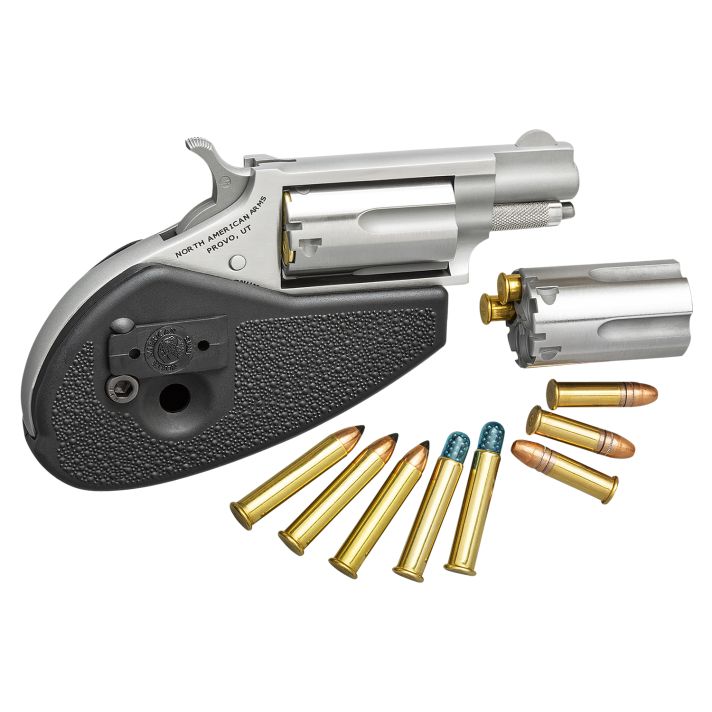 North American Arms 22MSCHG Mini-Revolver22 LR or 22 WMR 5 rd 1.13" Barrel, Overall Stainless Steel Finish, Black Synthetic Holster Grip, Includes Cylinders