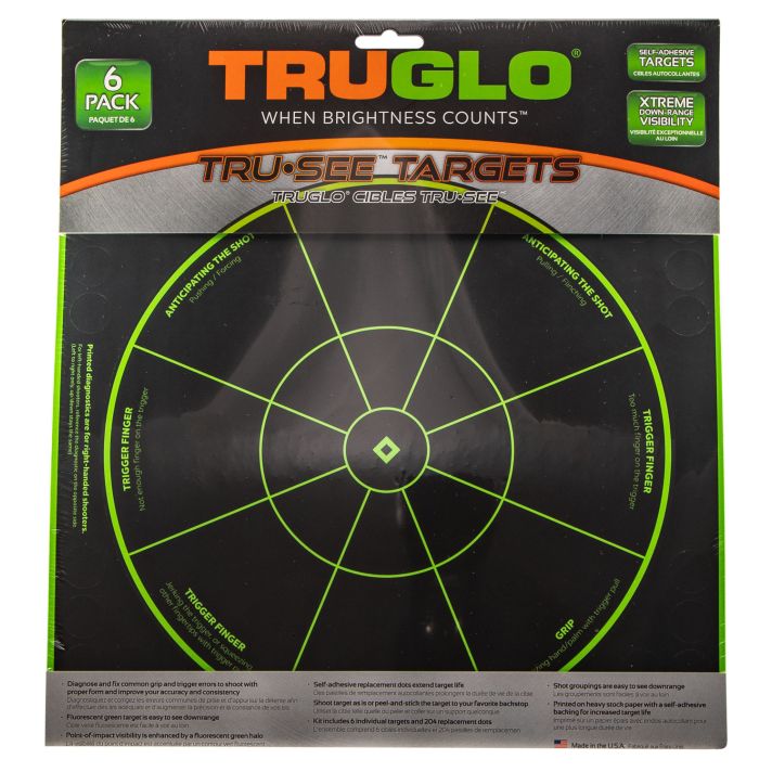 TruGlo TG15A6 Tru-See Handgun Diagnostic Self-Adhesive Heavy Paper Black/Green 12"x12" Bullseye 6 Pack
