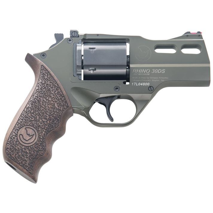 Chiappa Firearms 340285 Rhino 30DSSmall Frame 357 Mag 6 Shot 3" Green Cerakote Steel Vent Rib Barrel, Blued Steel Cylinder, Green Cerakote Aluminum Frame, Walnut Grip, Concealed Hammer