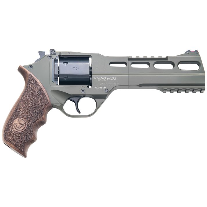 Chiappa Firearms 340282 Rhino 60DSLarge Frame 357 Mag 6 Shot, 6" Green Cerakote Steel Vent Rib Barrel, Blued Steel Cylinder, Green Cerakote Aluminum Frame, Walnut Grip, Concealed Hammer