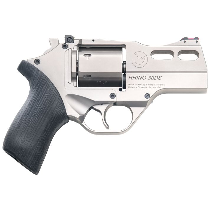 Chiappa Firearms CF340290 Rhino 30SAR *CA Compliant Small Frame 357 Mag 6 Shot, 3" Nickel-Plated Steel Vent Rib Barrel & Cylinder, Nickel-Plated Aluminum Frame, Black Rubber Grip, Concealed Hammer