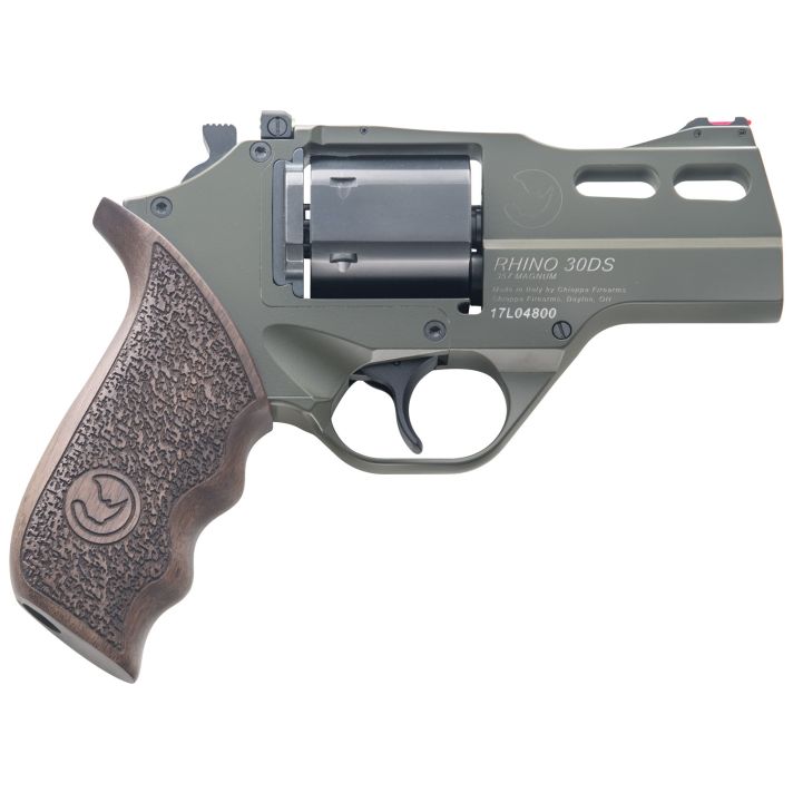 Chiappa Firearms CF340285 Rhino 30SAR *CA Compliant Small Frame 357 Mag 6 Shot, 3" Green Cerakote Steel Barrel, Blued Steel Cylinder, Green Cerakote Aluminum Frame, Walnut Grip, Exposed Hammer