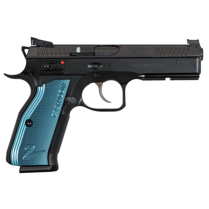 CZ-USA 91257 Shadow 2SA/DA 9mm Luger 4.89" 17+1 Overall Black Nitride Finish with Inside RailedSteel Slide, Blue Aluminum Grip, Non-Tilted Barrel & Picatinny Rail