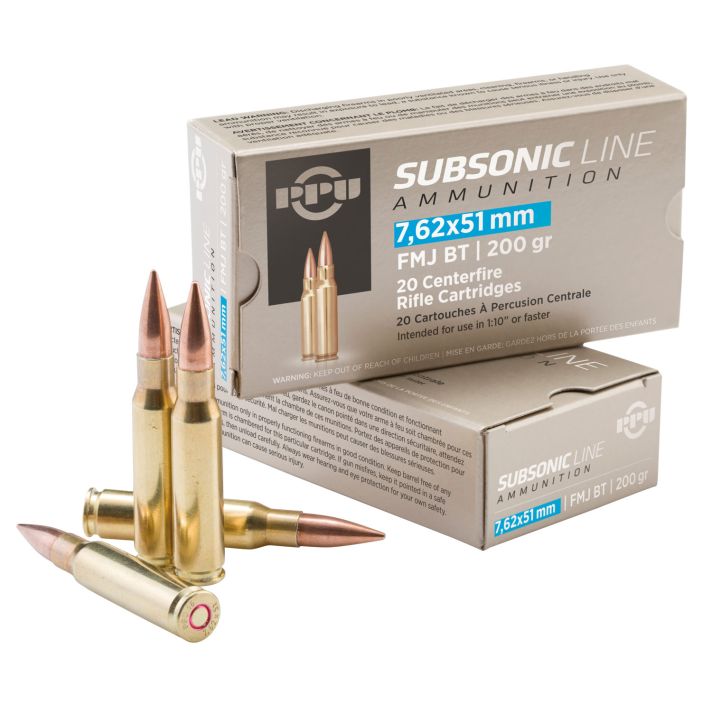 PPU PPS762 Subsonic7.62x51mmNATO 200gr Full Metal Jacket Boat Tail 20 Per Box/10 Case