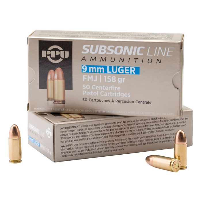 PPU PPS9MM Subsonic9mmLuger Subsonic 158gr Full Metal Jacket 50 Per Box/20 Case
