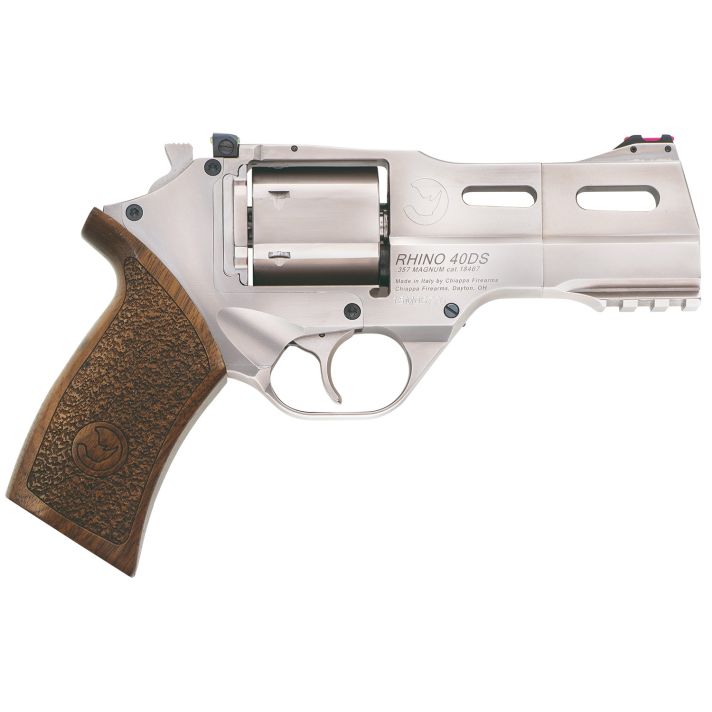 Chiappa Firearms CF340245 Rhino 40SAR *CA Compliant Medium Frame 357 Mag 6 Shot, 4" Nickel-Plated Steel Barrel & Cylinder, Nickel-Plated Aluminum Frame w/Picatinny Rail, Walnut Grip, Concealed Hammer