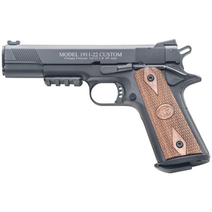 Chiappa Firearms 401101 1911-22 Custom 22 LR 10+1 5" Blued Serrated Steel Slide w/Picatinny Rail & Beavertail Frame, Stippled Walnut Grip