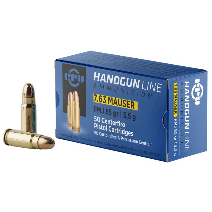 PPU PPH763 Handgun7.63mmMauser 85gr Full Metal Jacket 50 Per Box/10 Case