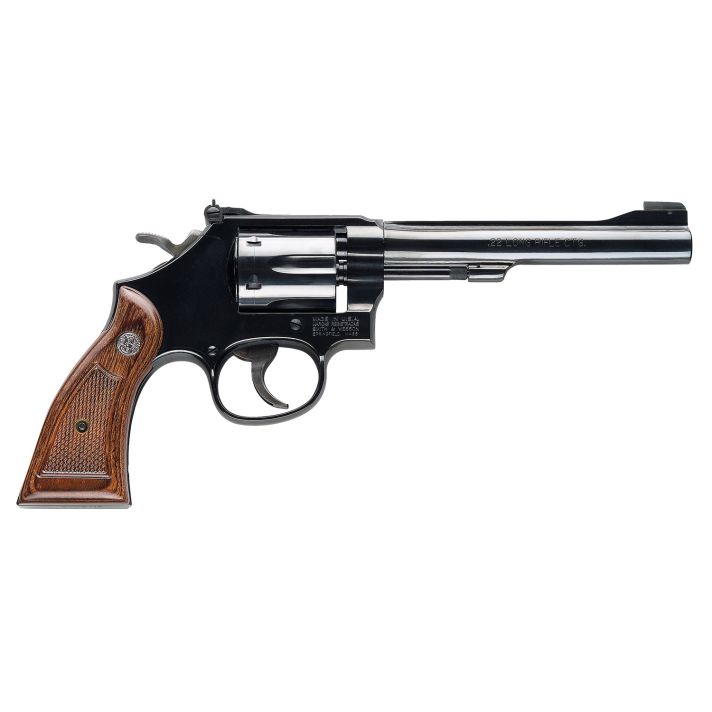 Smith & Wesson 150477 Model 17 Masterpiece *CA Compliant 22 LR Bright Blued Carbon Steel 6" Barrel, 6rd Cylinder, & K-Frame, Checkered Service Square Butt Grip, Classic-Styled Thumbpiece