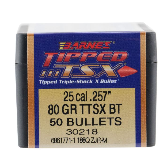 Barnes Bullets 30218 Tipped TSX25Cal 80gr Boat Tail 50/Box