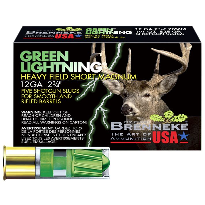 Brenneke SL122HFSGL Green Lightning Heavy Field 12Gauge 2.75" 1 1/4oz Slug Shot 5 Per Box/50 Case