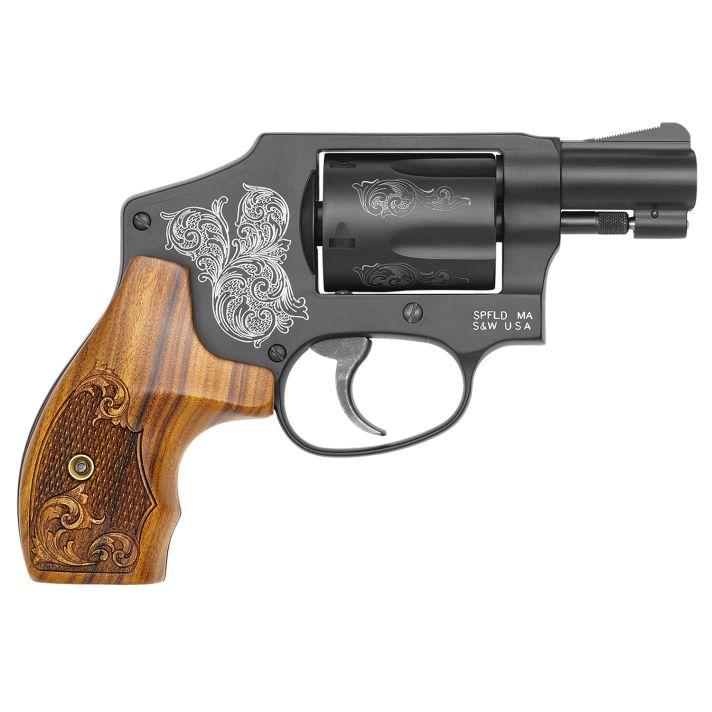 Smith & Wesson 150785 Model 44238 S&W Spl +P 5 Shot 1.88" Engraved Black Carbon Steel Barrel/Cylinder, Engraved Black Aluminum J-Frame, Engraved Wood Grip, Mahogany Presentation Case