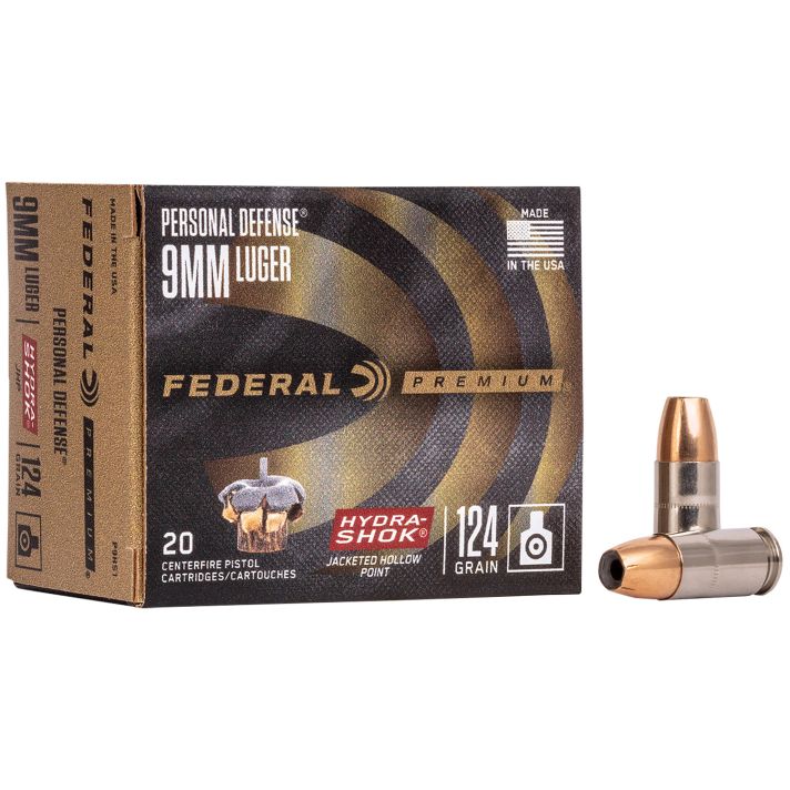 Federal P9HS1 Premium Personal Defense 9mmLuger 124gr Hydra-Shok Jacketed Hollow Point 20 Per Box/25 Case