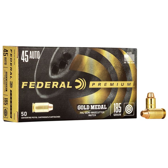 Federal GM45B Premium Gold Medal 45ACP 185gr Full Metal Jacket Semi Wadcutter 50 Per Box/20 Case