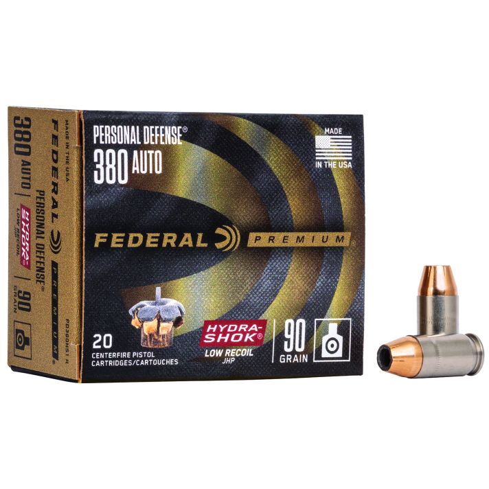 Federal PD380HS1H Premium Personal Defense Low Recoil 380ACP 90gr Hydra-Shok Jacketed Hollow Point 20 Per Box/10 Case