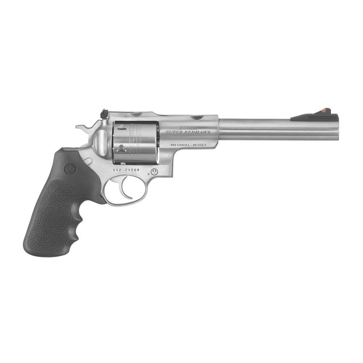 Ruger 5505 Super RedhawkLarge Frame 454 Casull 6rd 7.50" Satin Stainless w/Integral Mount Barrel, Satin Stainless Cylinder & Frame, Black Hogue Finger Groove Tamer Monogrip, Transfer Bar Safety