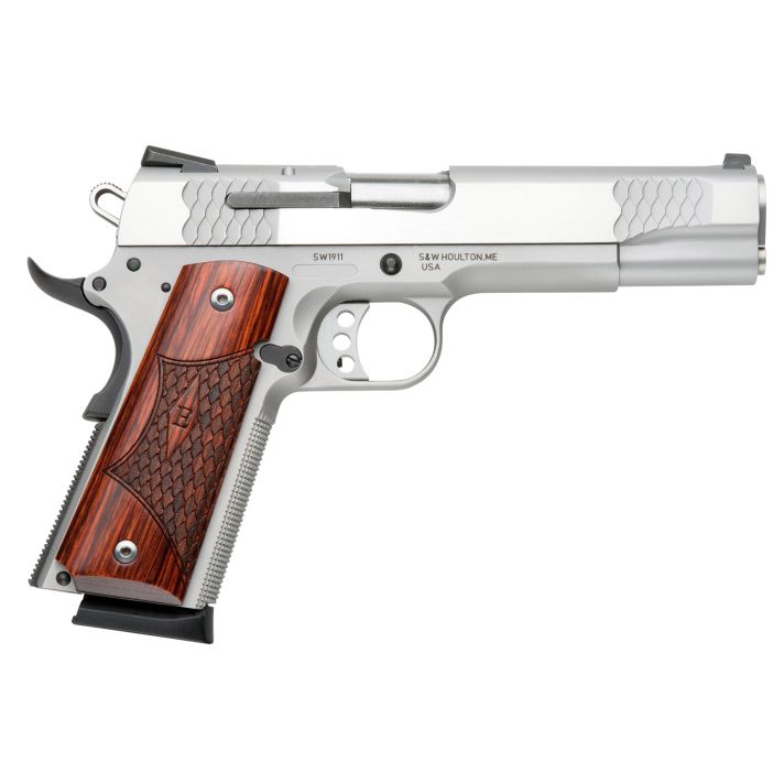 Smith & Wesson 108482 1911 E-Series Serrated Frame 45 ACP 8+1 5" Stainless Steel Barrel, Satin Stainless Serrated Slide & Frame w/Beavertail, Laminate Wood Grip