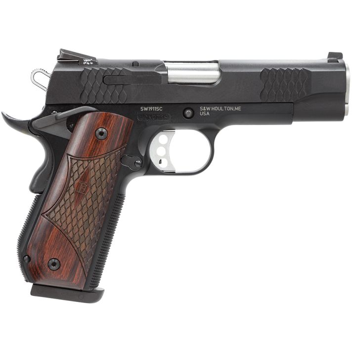 Smith & Wesson 108483 1911 E-Series 45 ACP 7+1/8+1, 4.25" Stainless Steel Barrel, Black Serrated Stainless Steel Slide, Black Aluminum Frame w/Beavertail, Round Butt Laminate Wood Grip