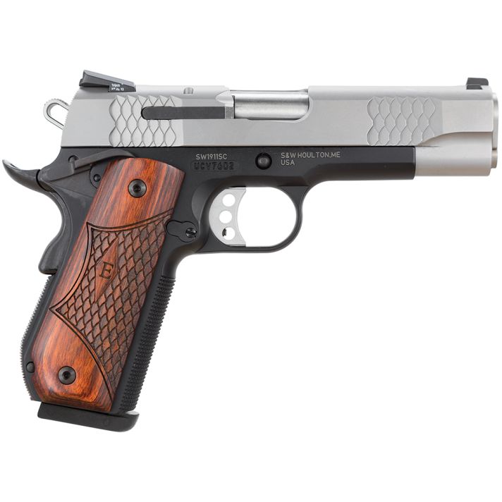 Smith & Wesson 108485 1911 E-Series 45 ACP4.25" Barrel 8+1, Black Round Butt Scandium Frame, Satin Stainless Steel Slide, Laminate Wood Grip, Manual Grip & Thumb Safety