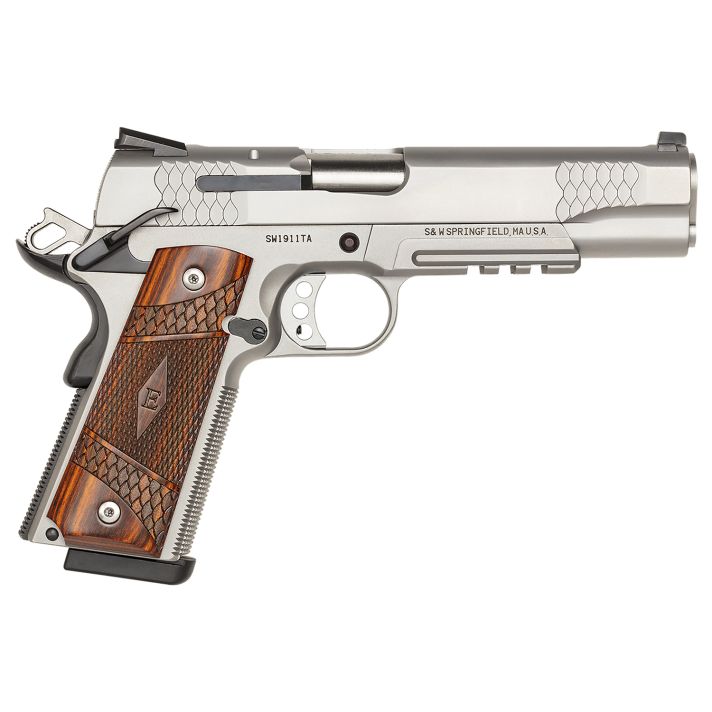 Smith & Wesson 108411 1911 E-Series 45 ACP5" Barrel 8+1, Satin Stainless Steel Frame & Slide, Laminate Wood E Series Grip, Tactical Accessory Rail, Manual Grip & Thumb Safety