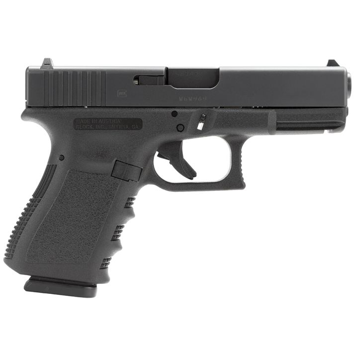 Glock PI1950201 G19 Gen3*CA Compliant Compact 9mm Luger 10+1 4.02" Black Steel Barrel, Matte Black Serrated Slide, Black Polymer Frame w/Accessory Rail, Black Finger Grooved Polymer Grip